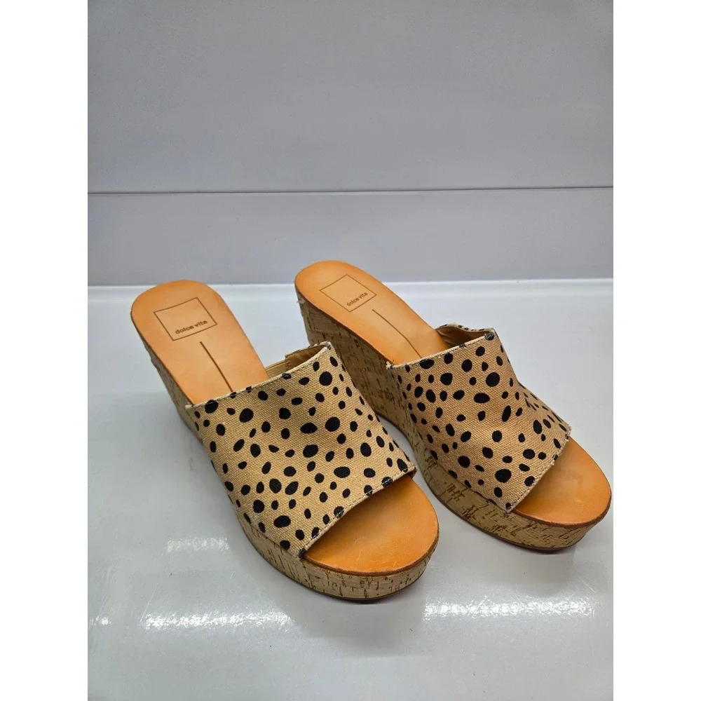Dolce Vita Polka‎ Dot Canvas Cork Wedge Sandals Tan Black Open Toe Mules Size 8